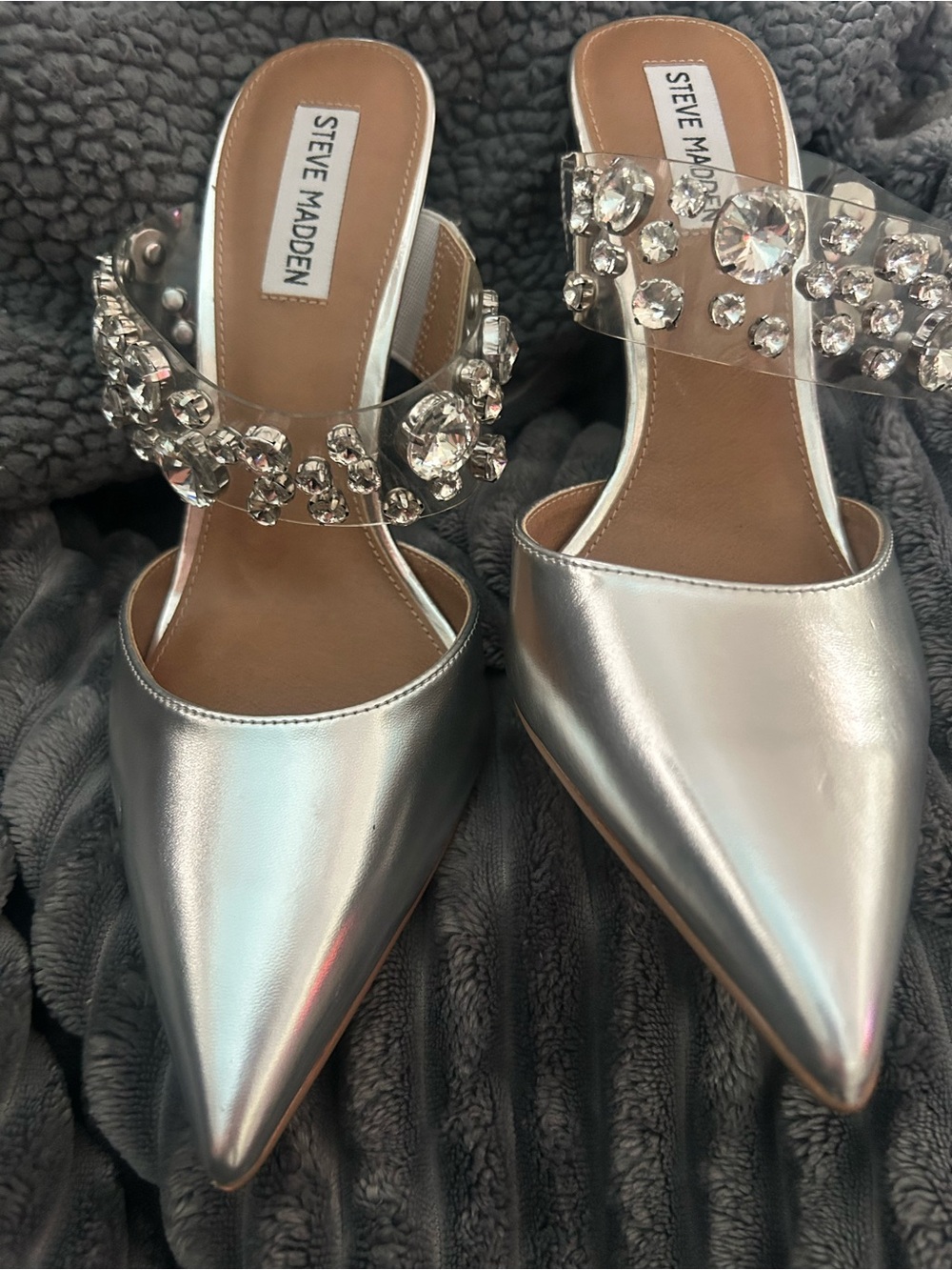 Steve Madden Silver Pointed Jewel-Embellished Clear-Strap Mule